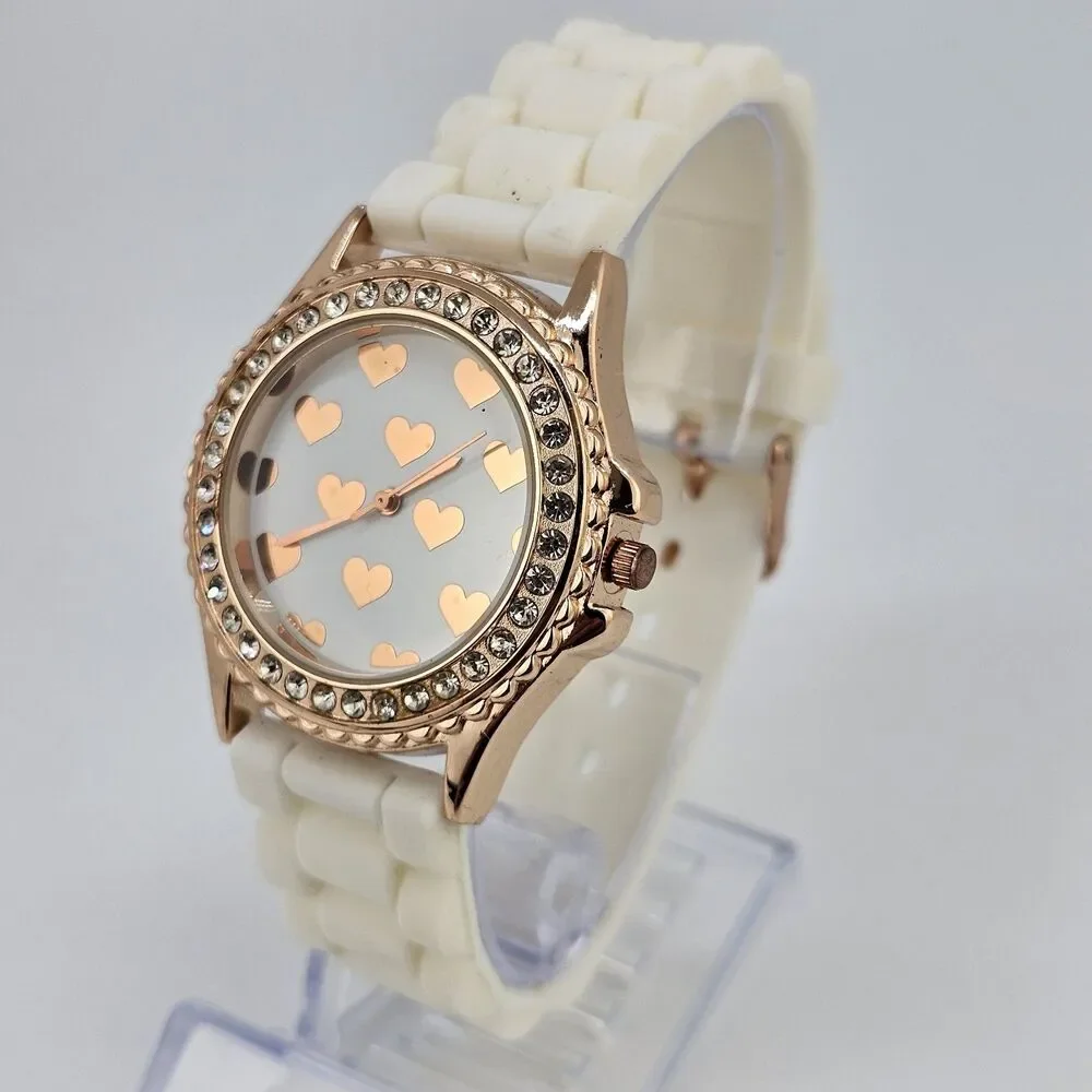 Hearts Dial‎ Women's Watch 38MM Gold Bezel White Plastic Bands New Battery